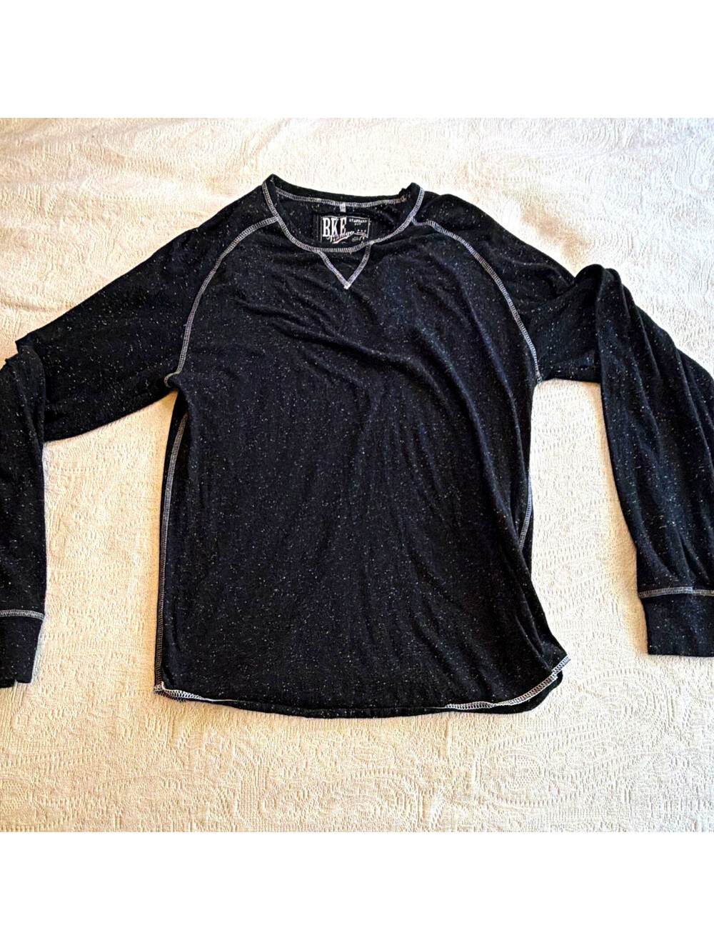 BKE Vintage Men’s L Black Speckled Long Sleeve Crewneck Knit T-Shirt Cotton